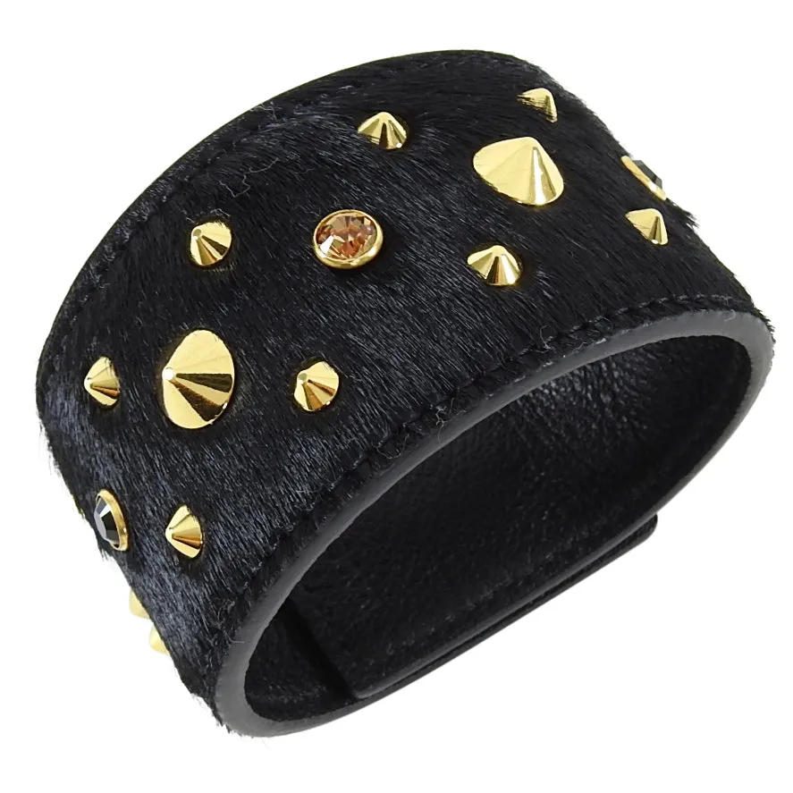 MCM Black Calf Hair Gold Stud Leather Cuff Bracelet
