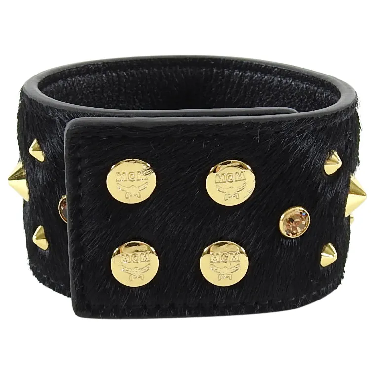 MCM Black Calf Hair Gold Stud Leather Cuff Bracelet