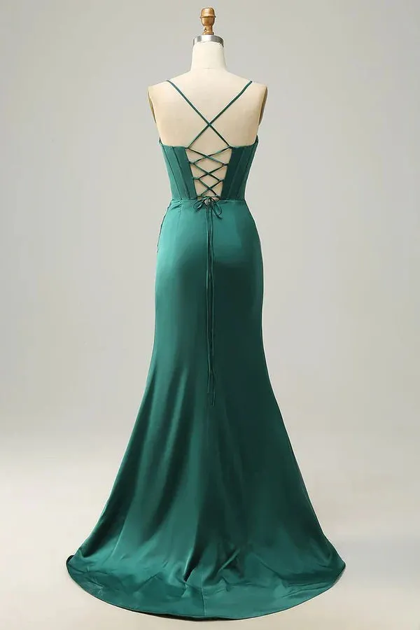 Mermaid Satin Long Prom Dress With Side Slit Charming Evening Party Dress