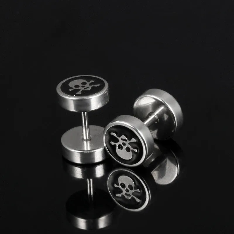 Metal Skull and Crossbones Dumbbell Earrings Studs Stainless Steel