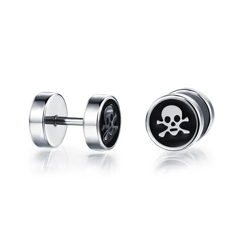 Metal Skull and Crossbones Dumbbell Earrings Studs Stainless Steel