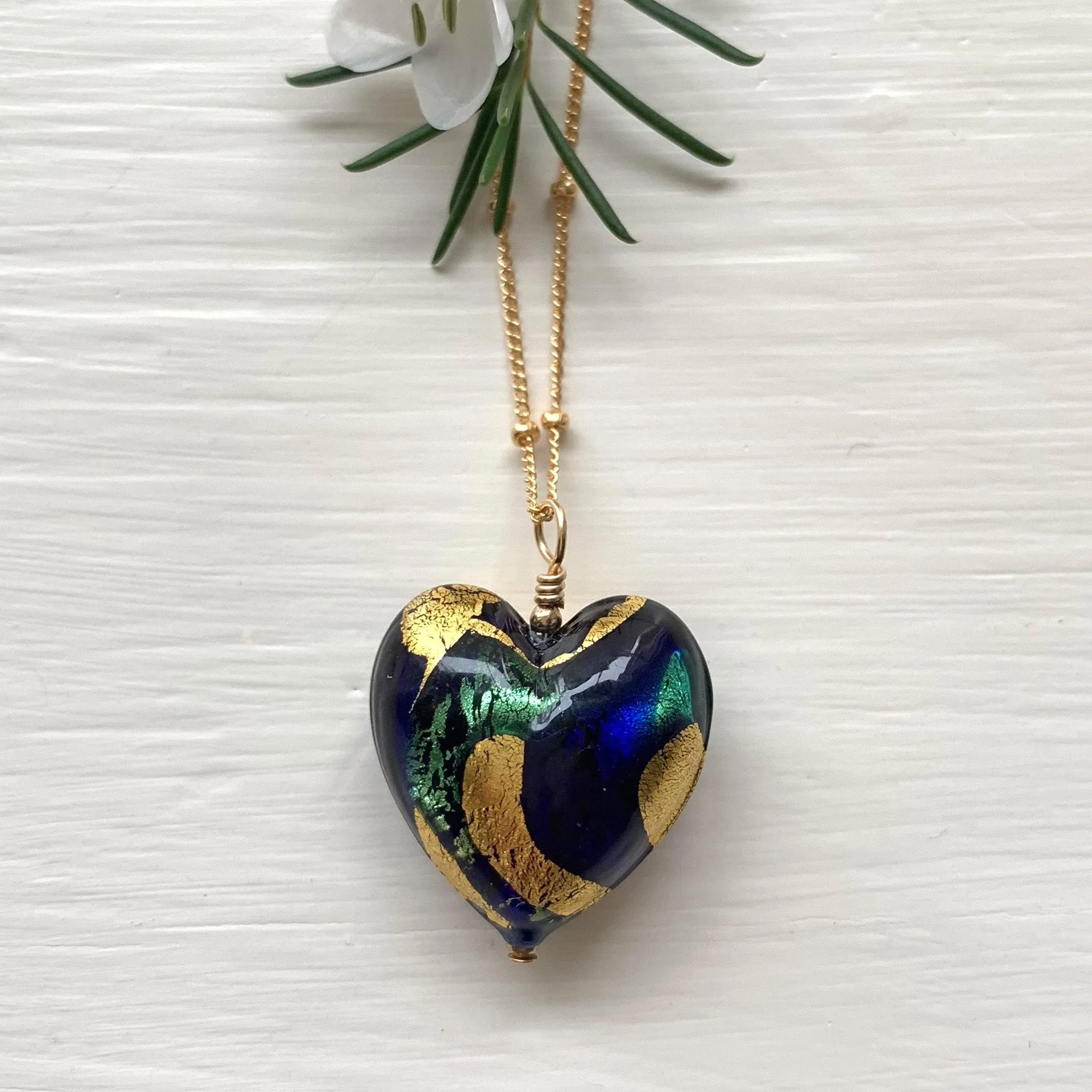 Necklace with dark blue, sea green, gold Murano glass medium heart pendant on gold chain