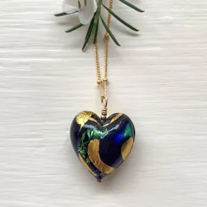Necklace with dark blue, sea green, gold Murano glass medium heart pendant on gold chain