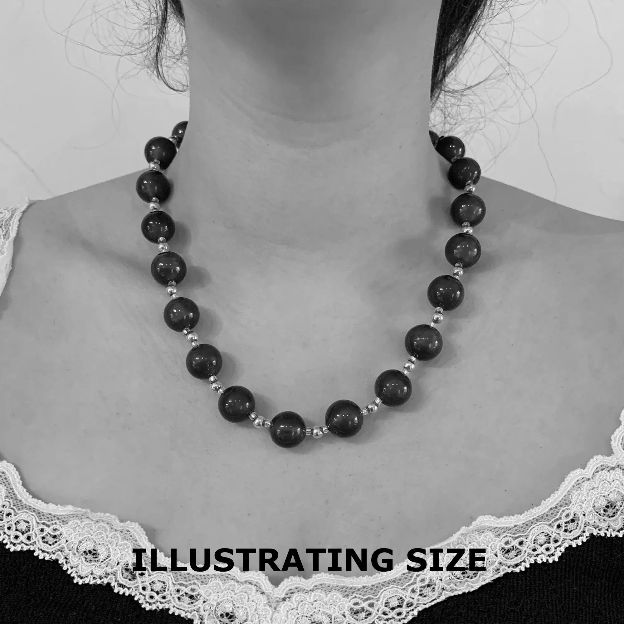 Necklace with dark green (emerald) clear crystal Murano glass small sphere beads on silver