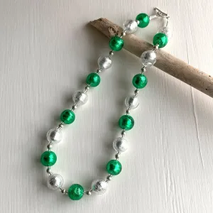 Necklace with dark green (emerald) clear crystal Murano glass small sphere beads on silver