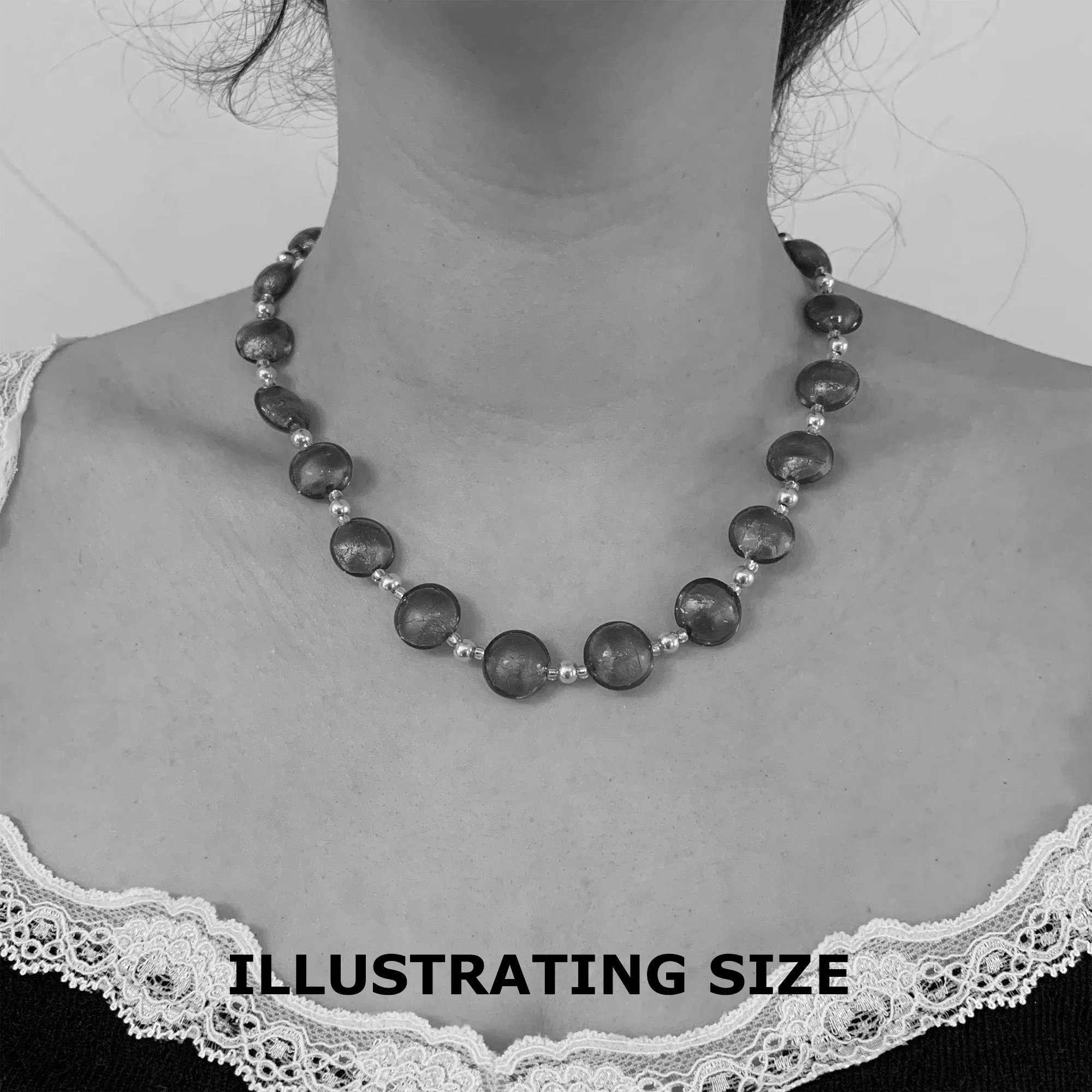 Necklace with teal (green, jade) and teal with dark blue dust Murano glass small lentil beads