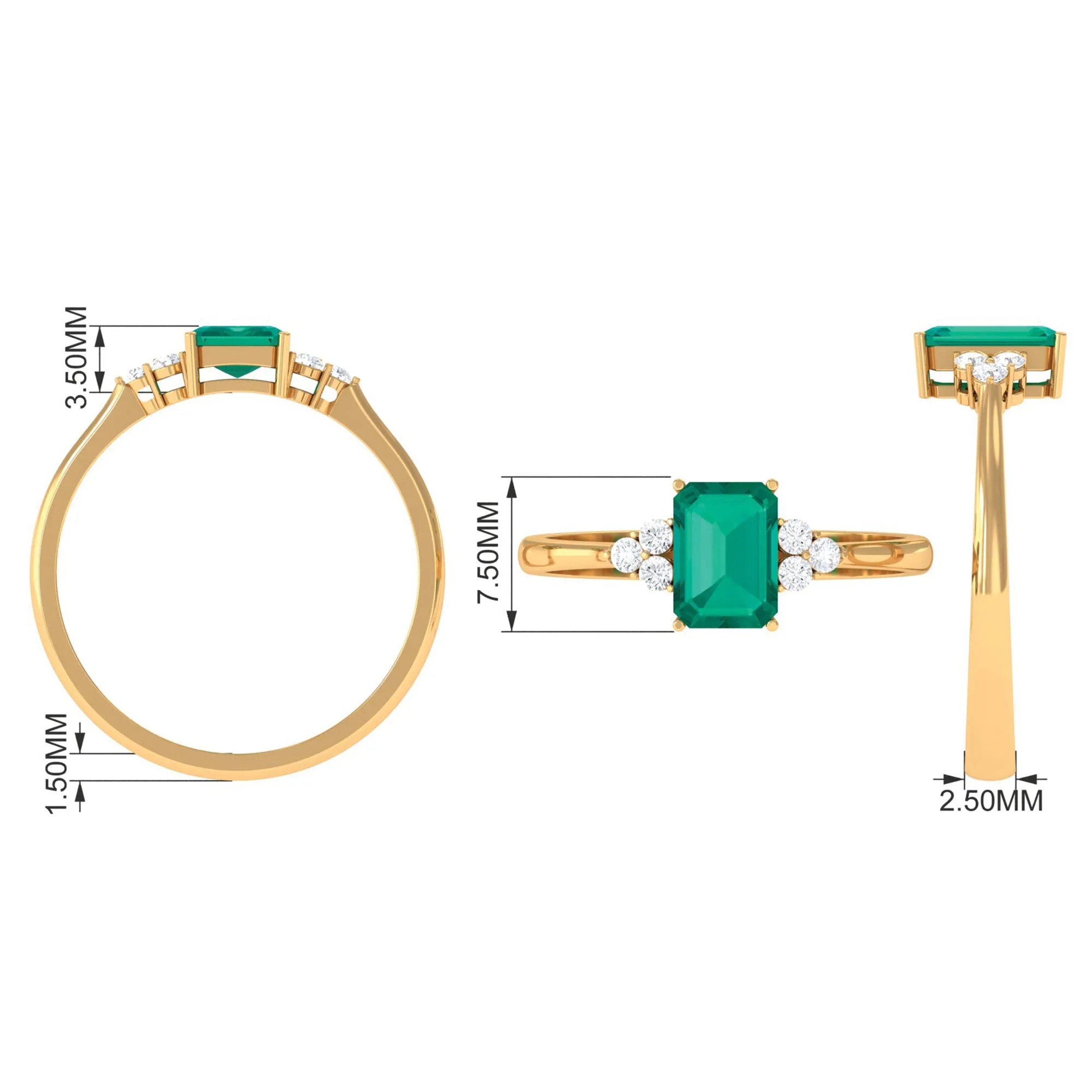 Octagon Cut Emerald Engagement Ring with Diamond Trio