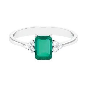 Octagon Cut Emerald Engagement Ring with Diamond Trio