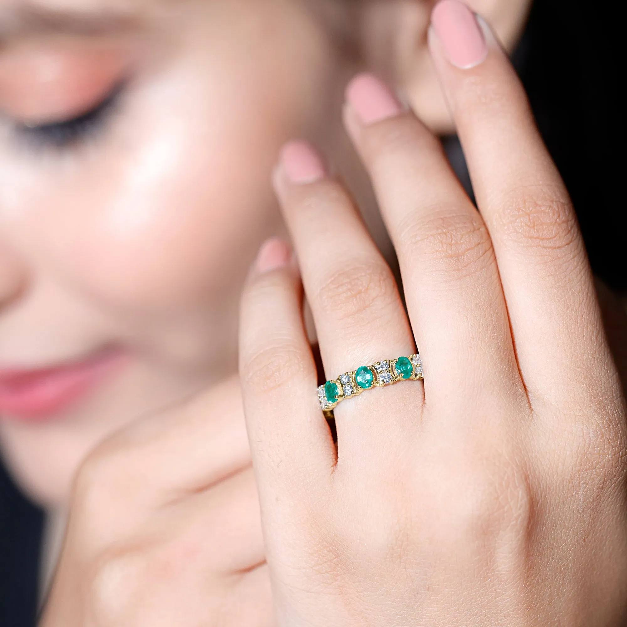 Oval Emerald and Moissanite Eternity Ring