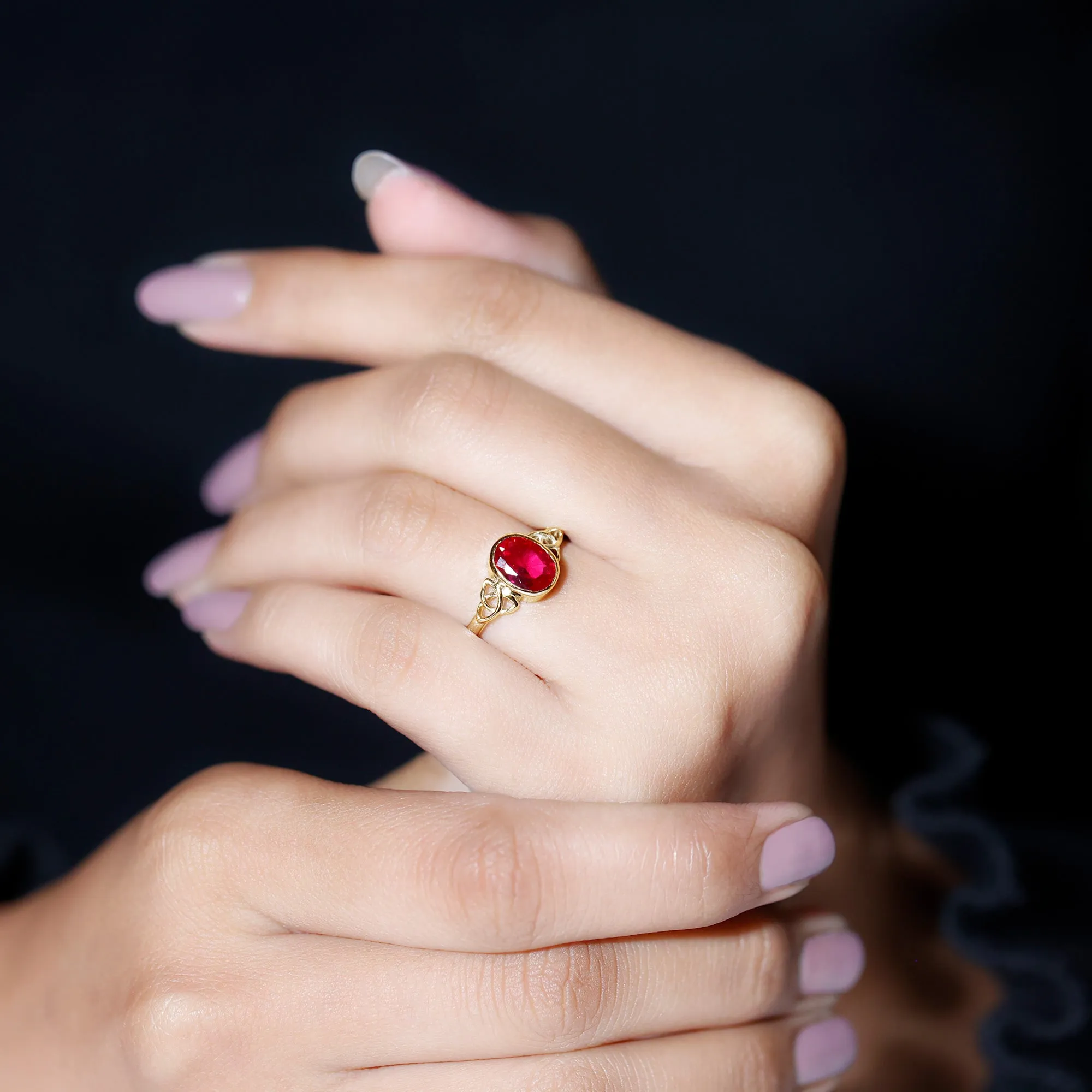 Oval Shape Lab Grown Ruby Solitaire Celtic Knot Ring