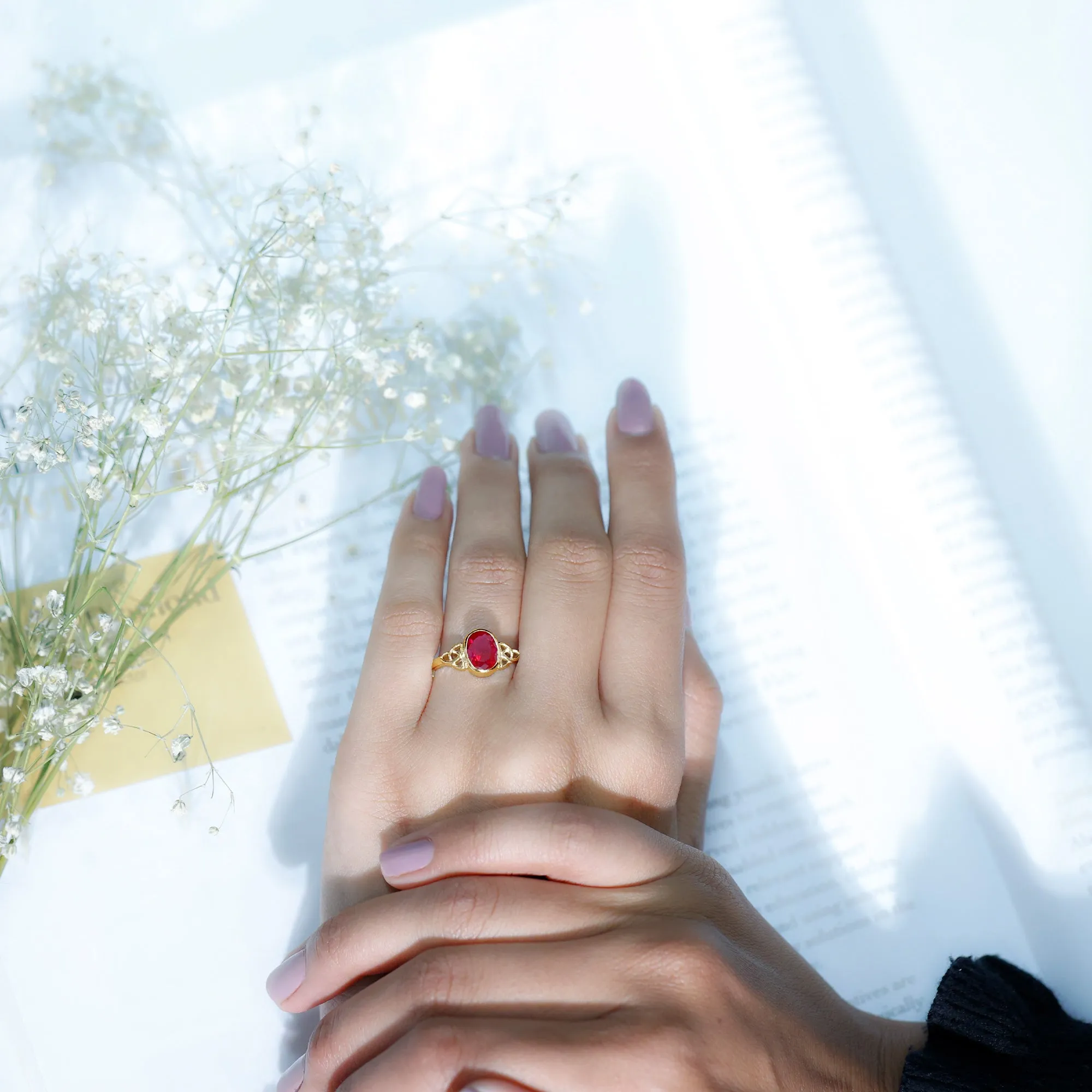 Oval Shape Lab Grown Ruby Solitaire Celtic Knot Ring