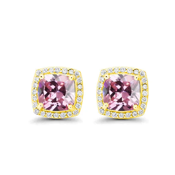Paris Jewelry 18k Yellow Gold 1 Carat Created Halo Princess Sapphire Birthstone Stud Earrings All Colors Plated