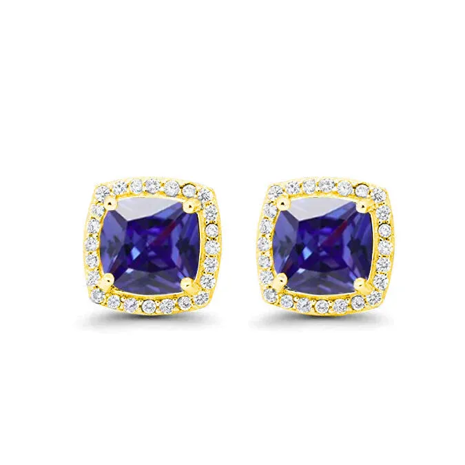 Paris Jewelry 18k Yellow Gold 1 Carat Created Halo Princess Sapphire Birthstone Stud Earrings All Colors Plated