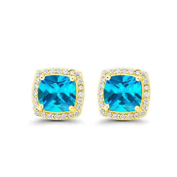 Paris Jewelry 18k Yellow Gold 1 Carat Created Halo Princess Sapphire Birthstone Stud Earrings All Colors Plated
