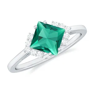Princess Cut Created Emerald Engagement Ring with Diamond Accent