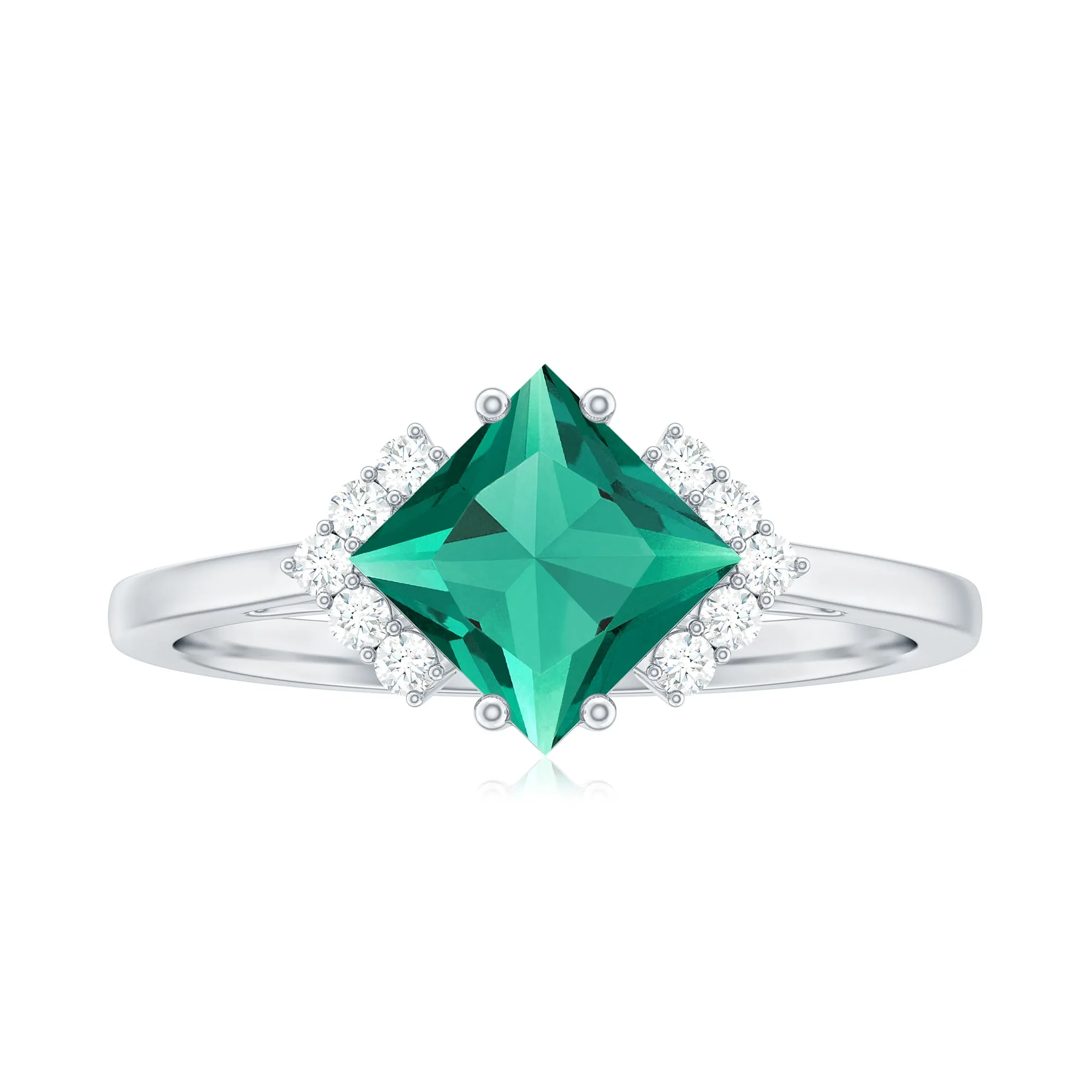 Princess Cut Created Emerald Engagement Ring with Diamond Accent