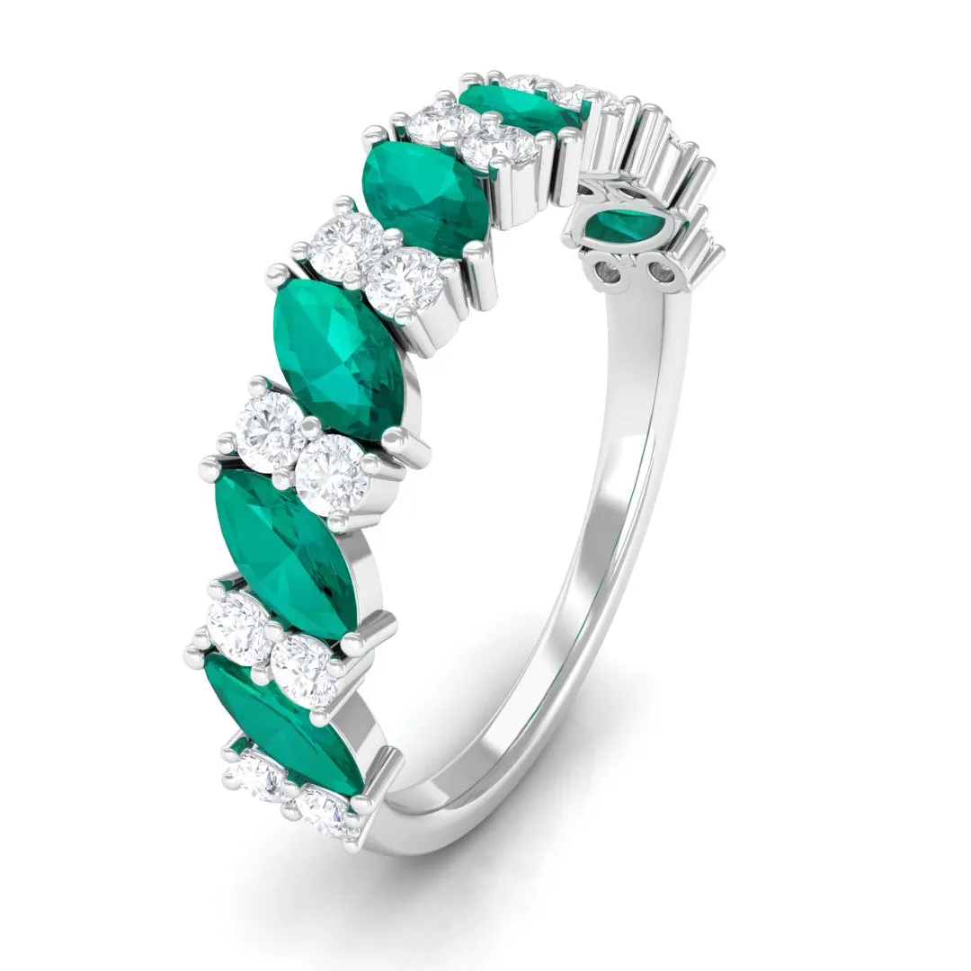 Real Emerald and Diamond Half Eternity Ring in Prong Setting