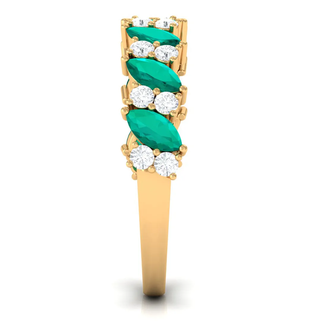 Real Emerald and Diamond Half Eternity Ring in Prong Setting
