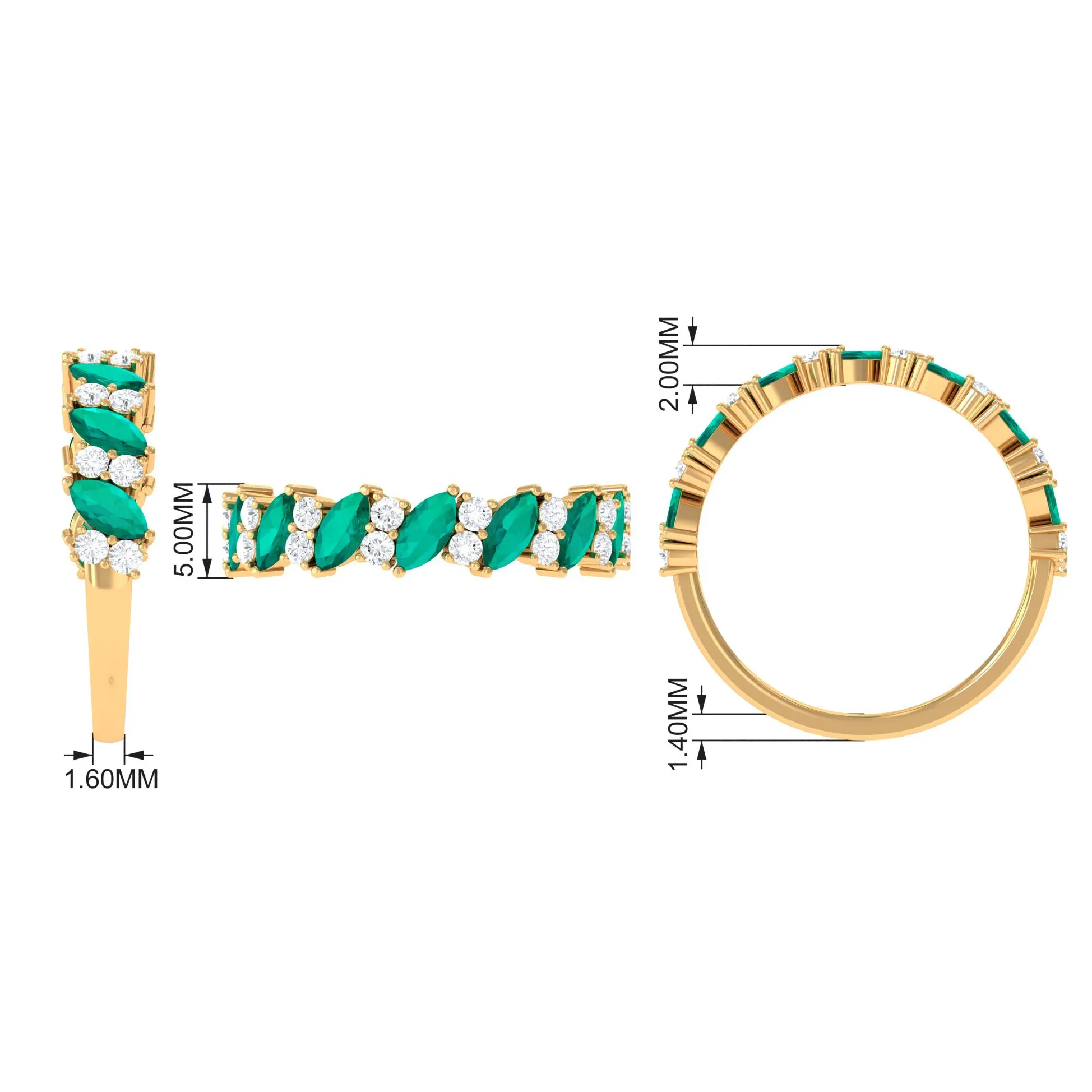 Real Emerald and Diamond Half Eternity Ring in Prong Setting