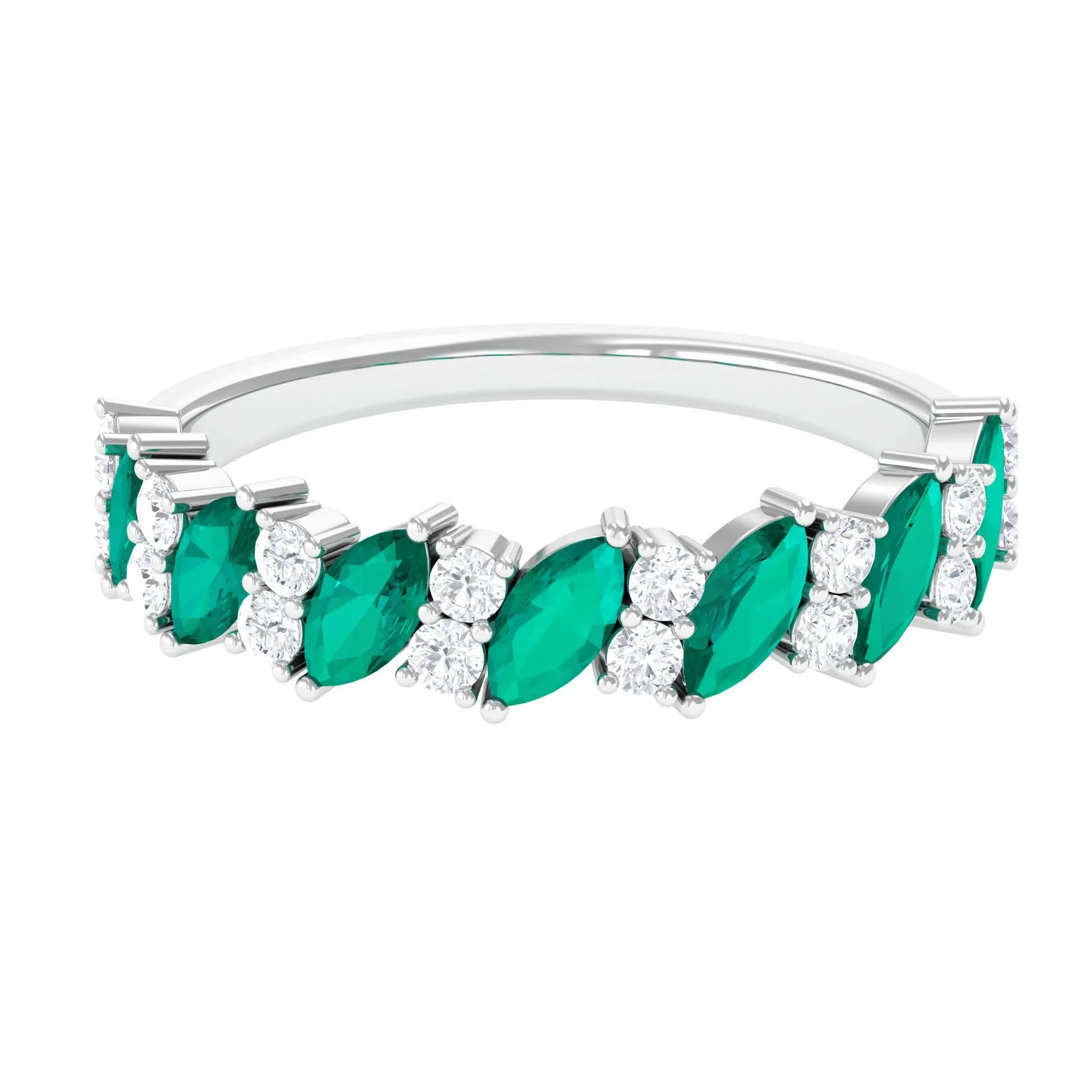 Real Emerald and Diamond Half Eternity Ring in Prong Setting