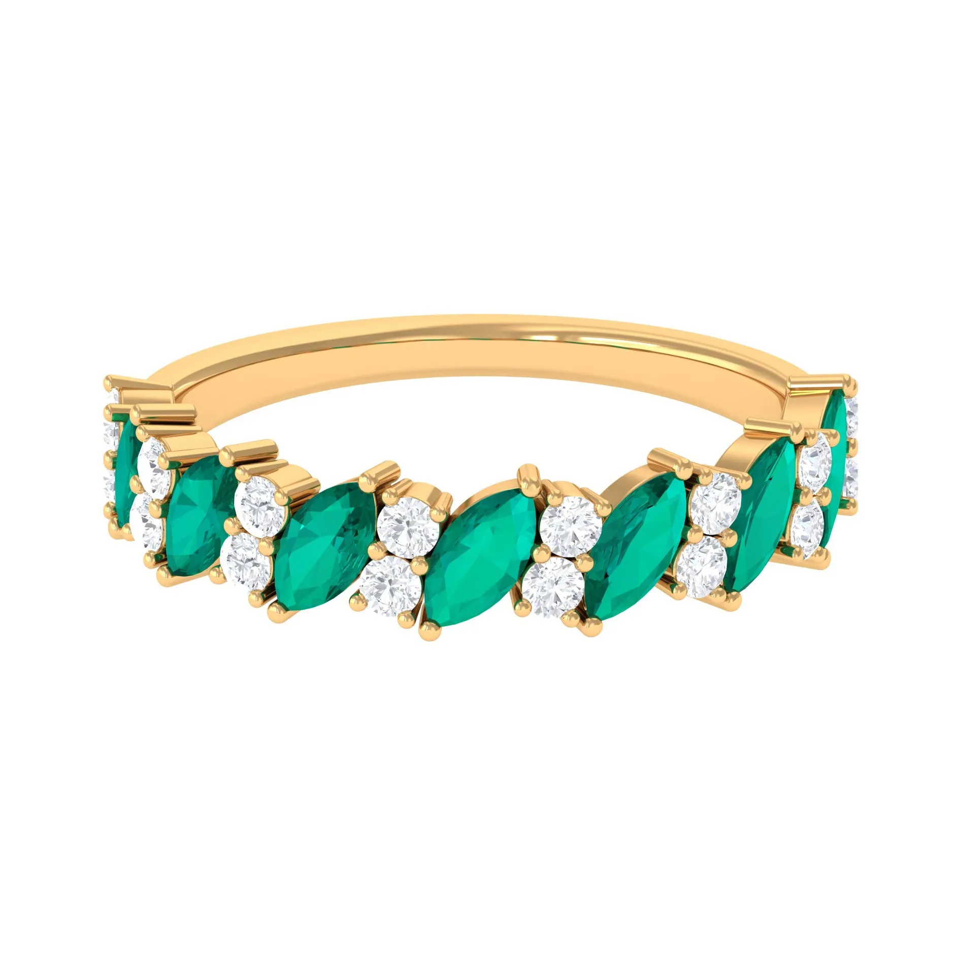 Real Emerald and Diamond Half Eternity Ring in Prong Setting