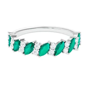 Real Emerald and Diamond Half Eternity Ring in Prong Setting