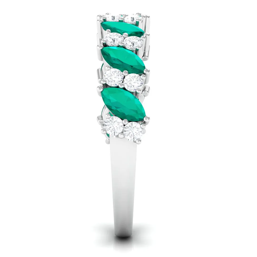 Real Emerald and Diamond Half Eternity Ring in Prong Setting