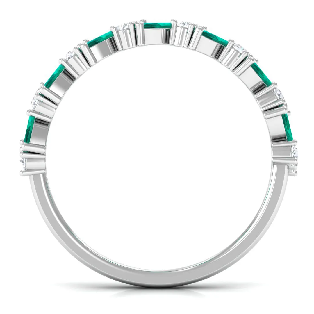 Real Emerald and Diamond Half Eternity Ring in Prong Setting