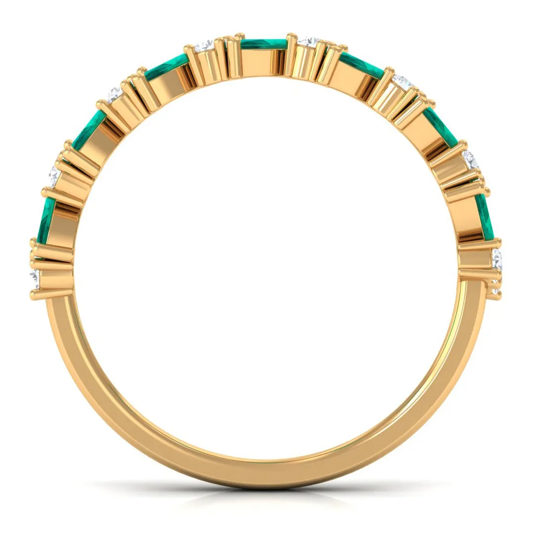 Real Emerald and Diamond Half Eternity Ring in Prong Setting