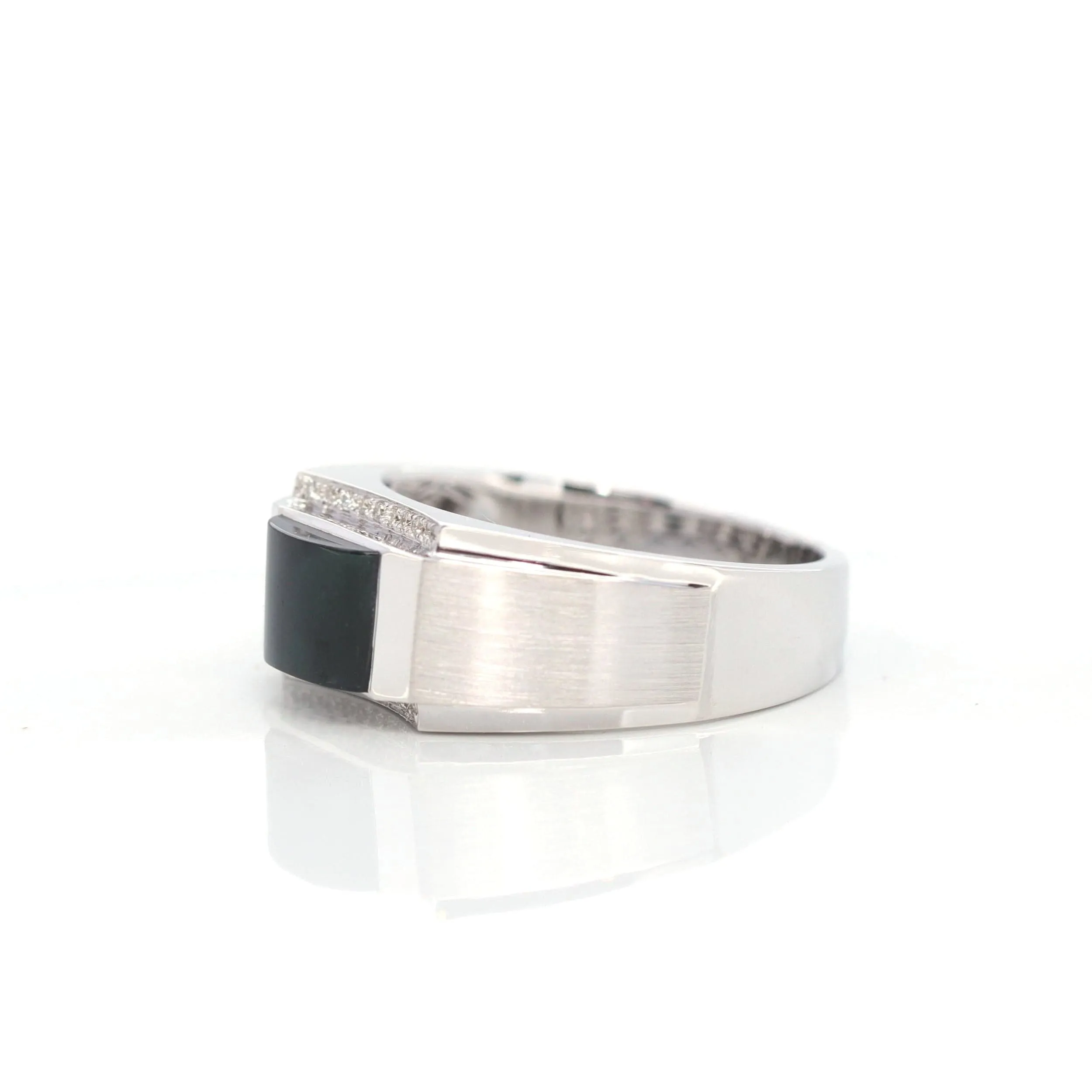 RealJade® Co. "Classic Emerald Style" Genuine Burmese Emerald Cut Black Jadeite Jade Engagement Ring