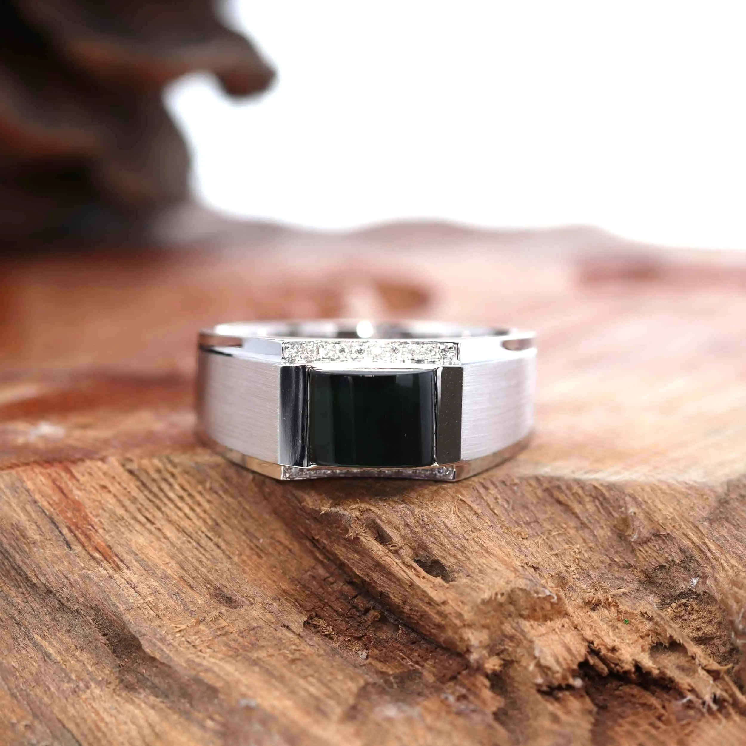RealJade® Co. "Classic Emerald Style" Genuine Burmese Emerald Cut Black Jadeite Jade Engagement Ring