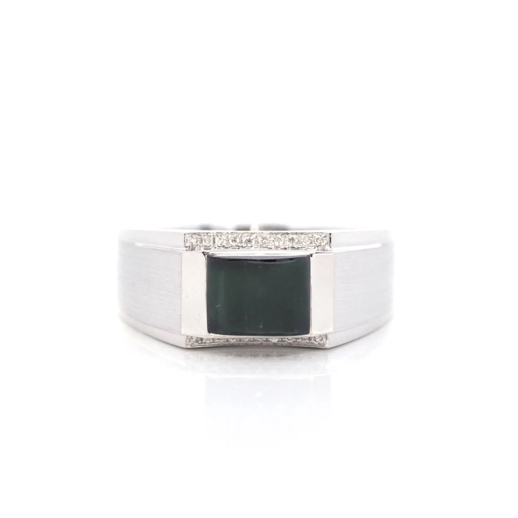 RealJade® Co. "Classic Emerald Style" Genuine Burmese Emerald Cut Black Jadeite Jade Engagement Ring