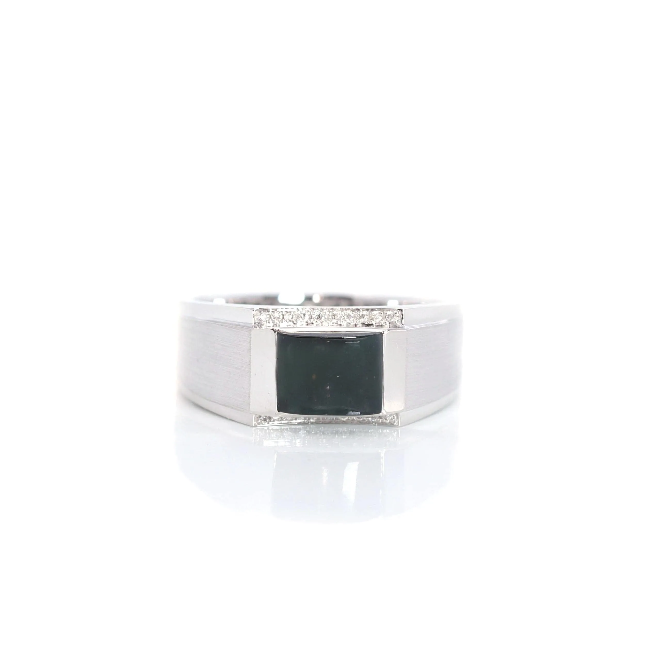 RealJade® Co. "Classic Emerald Style" Genuine Burmese Emerald Cut Black Jadeite Jade Engagement Ring