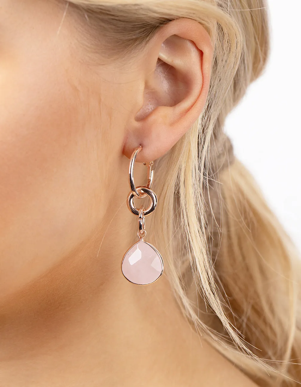 Rose Gold Linked Rose Quartz Hoop Earrings