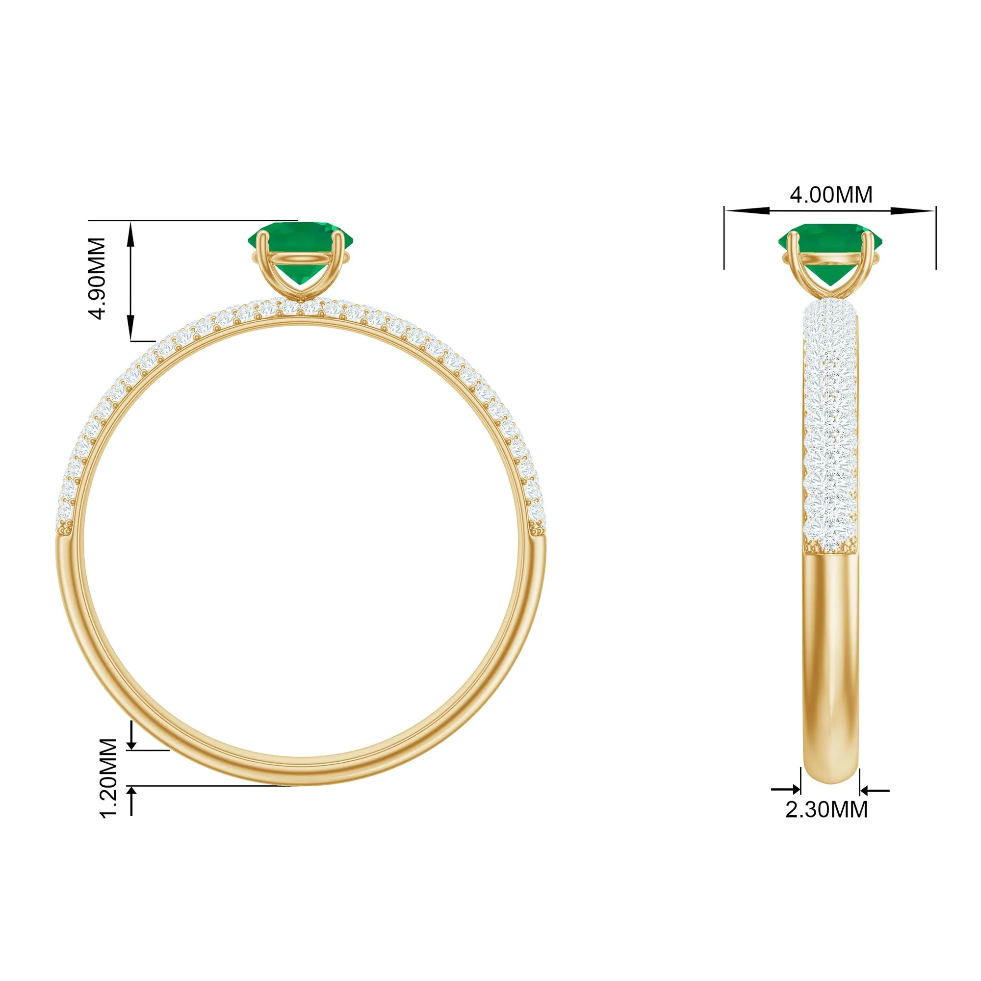 Round Emerald Solitaire Ring with Diamond Side Stones