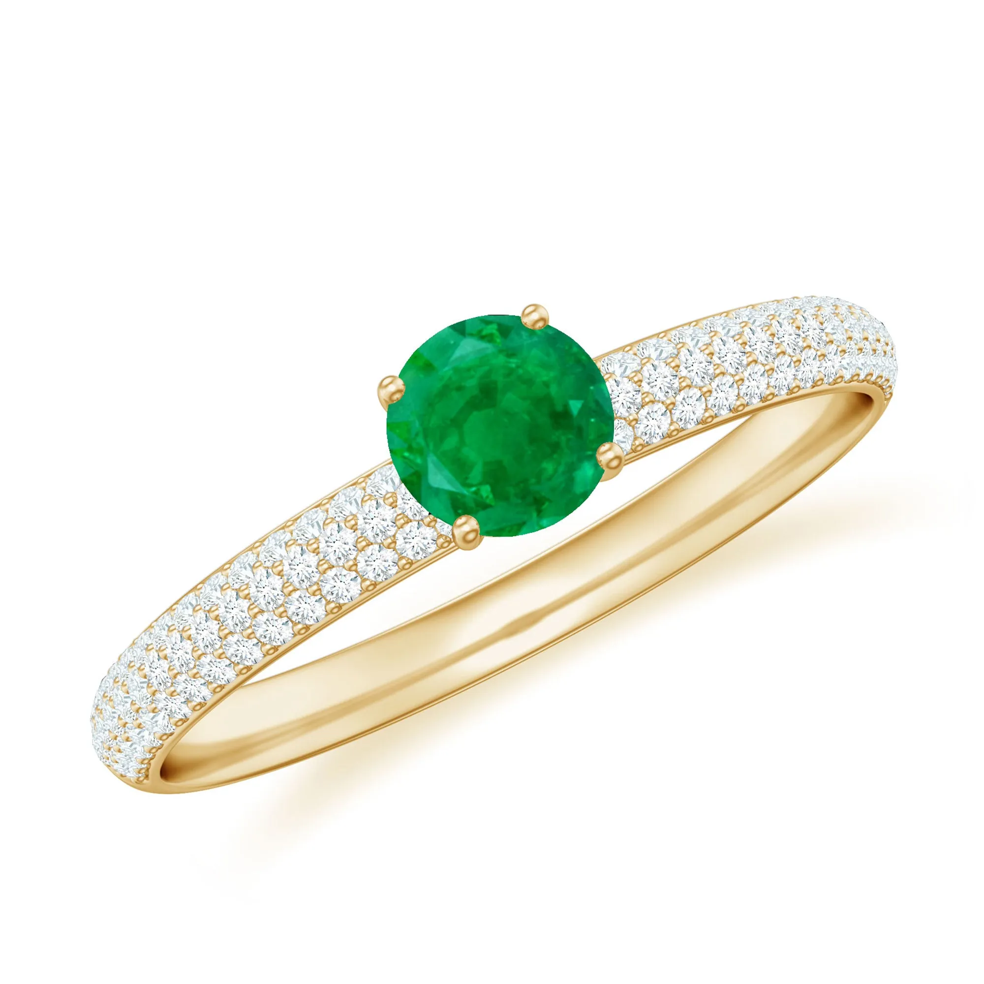 Round Emerald Solitaire Ring with Diamond Side Stones