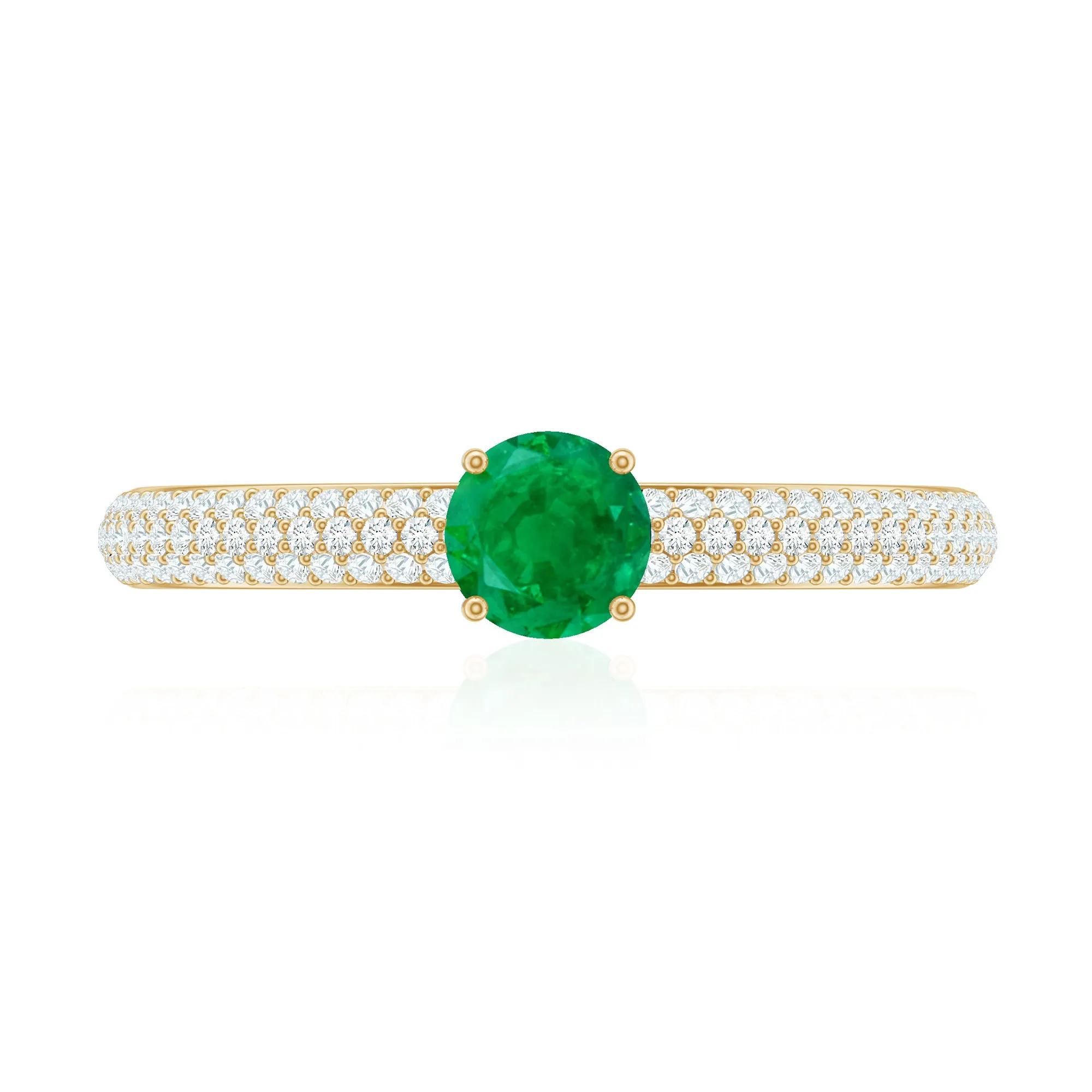 Round Emerald Solitaire Ring with Diamond Side Stones