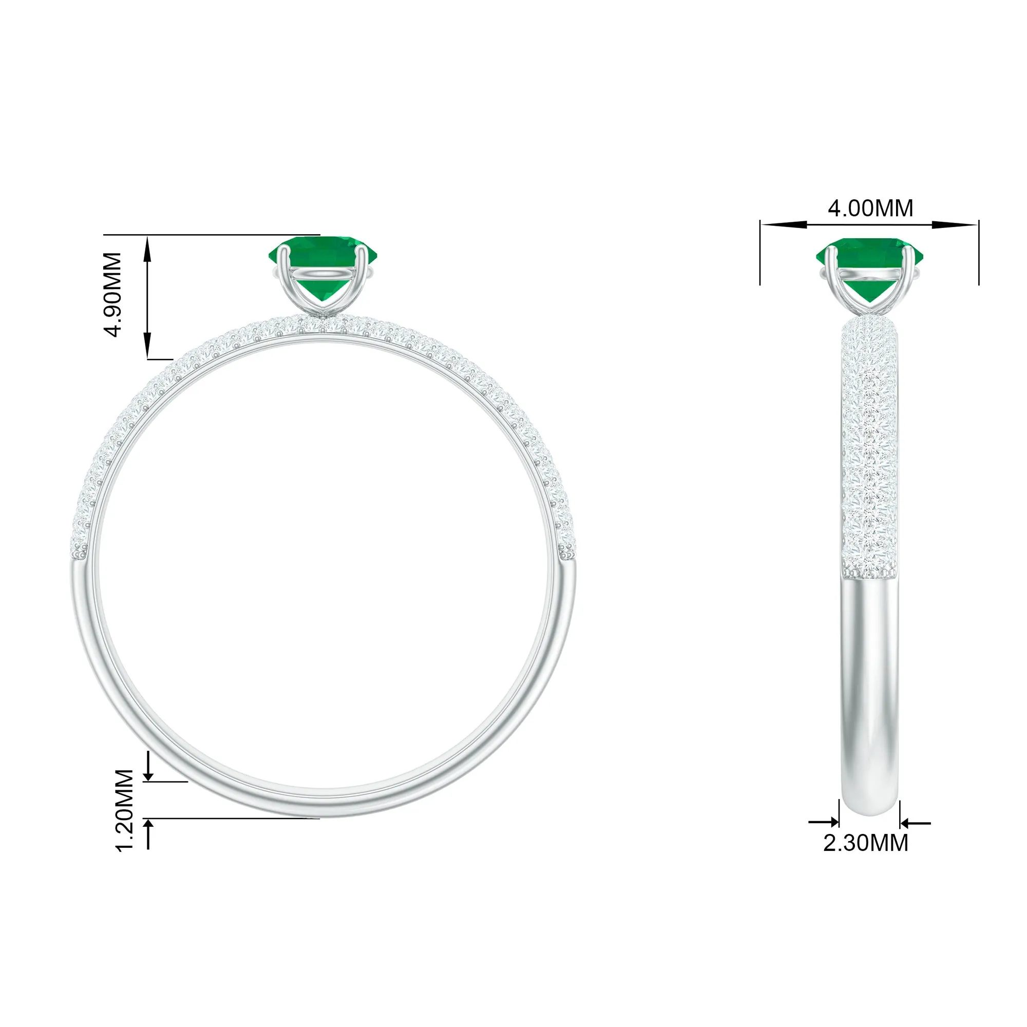 Round Emerald Solitaire Ring with Diamond Side Stones