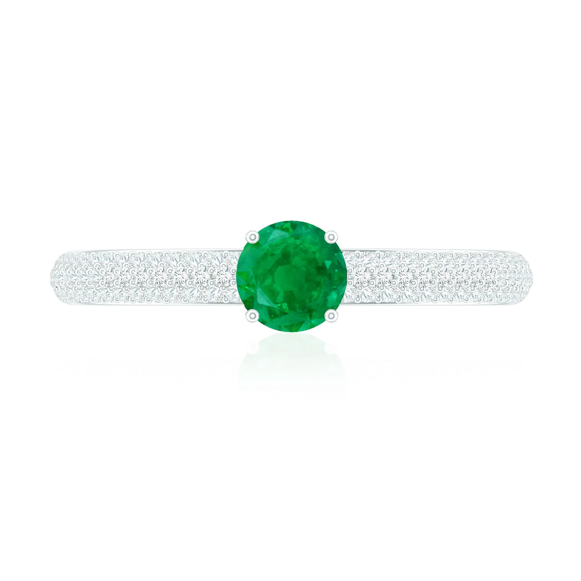 Round Emerald Solitaire Ring with Diamond Side Stones