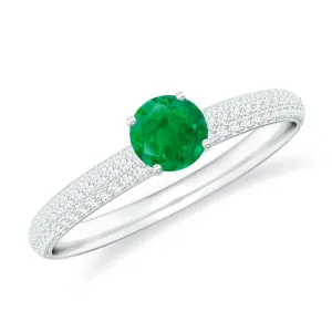 Round Emerald Solitaire Ring with Diamond Side Stones