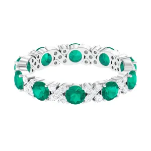 Round Shape Real Emerald Classic Eternity Band Ring with Moissanite