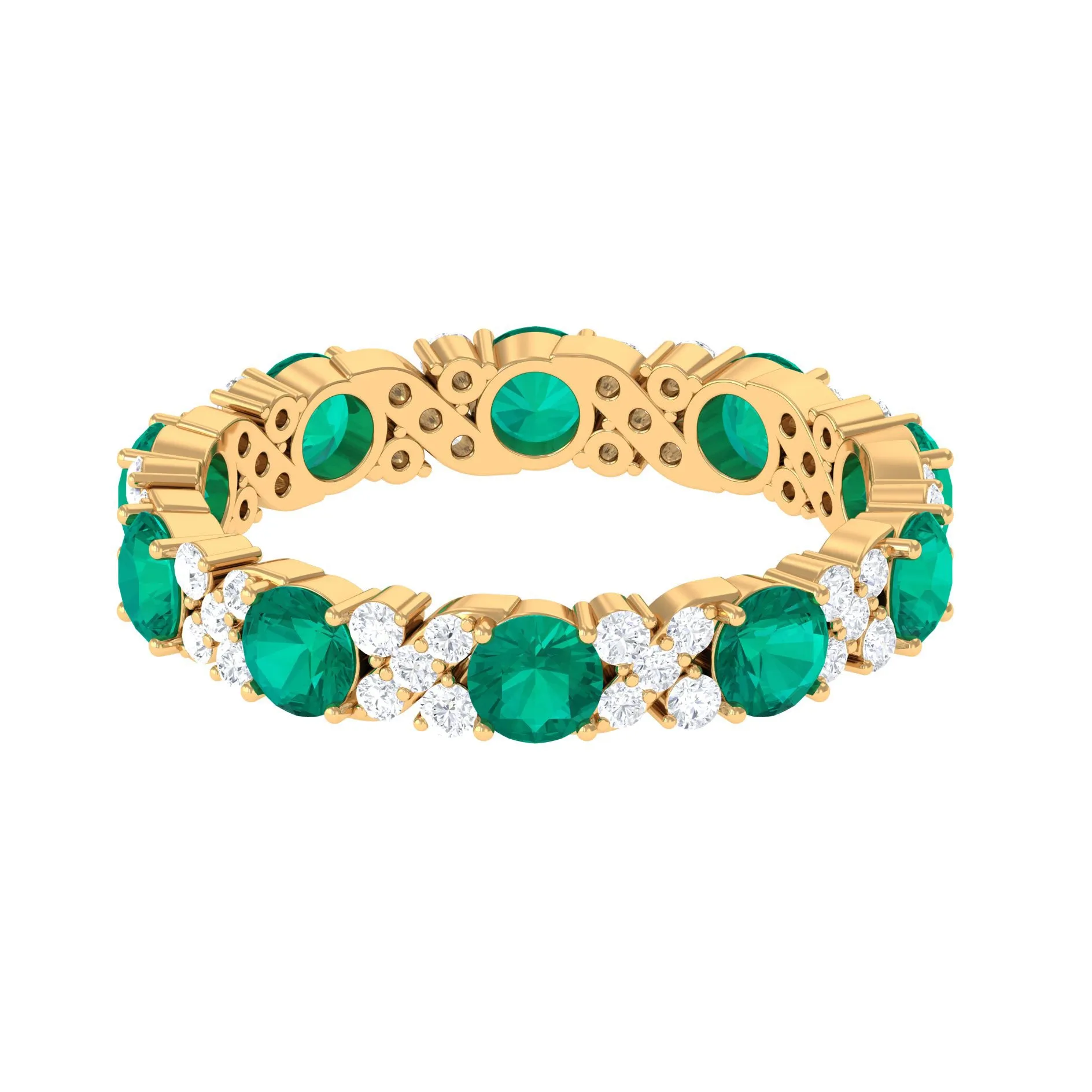 Round Shape Real Emerald Classic Eternity Band Ring with Moissanite