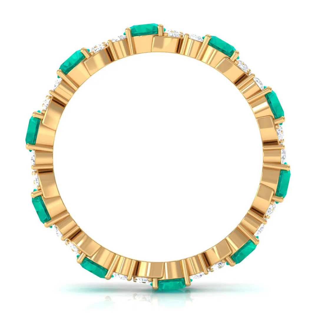Round Shape Real Emerald Classic Eternity Band Ring with Moissanite