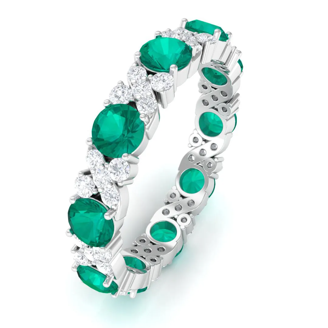 Round Shape Real Emerald Classic Eternity Band Ring with Moissanite