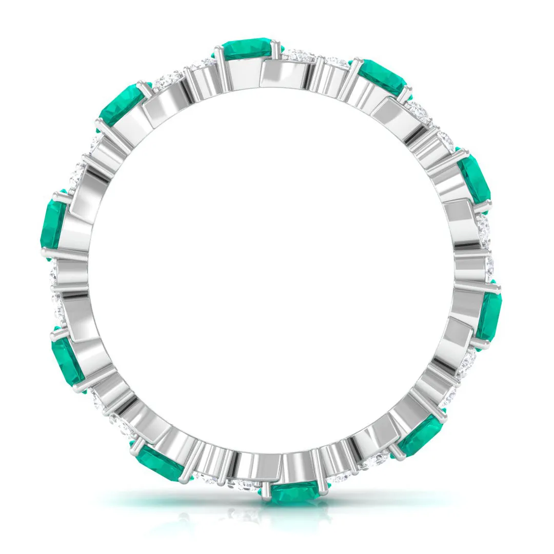 Round Shape Real Emerald Classic Eternity Band Ring with Moissanite