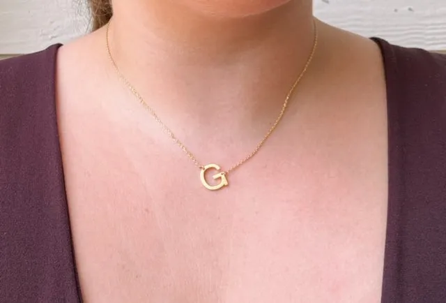 Small Gold Etched Angled Initial Necklace