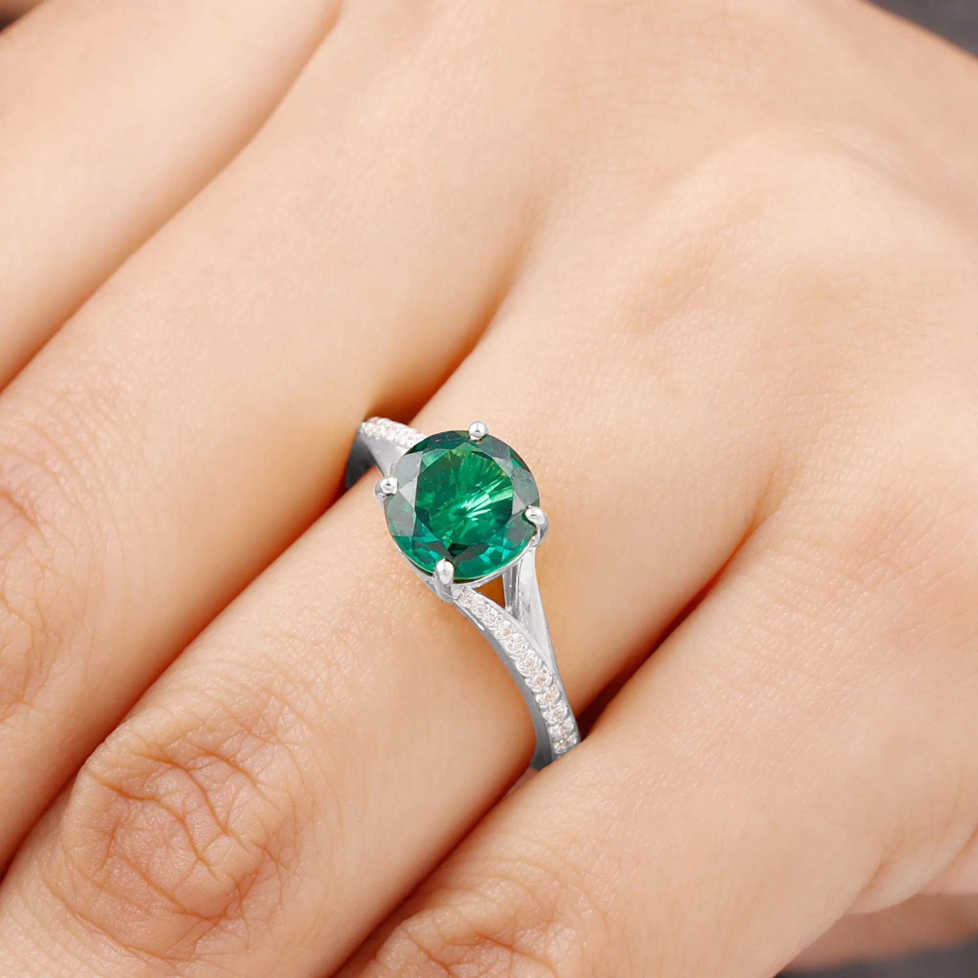 Split Shank Created Emerald Solitaire Ring with Diamond