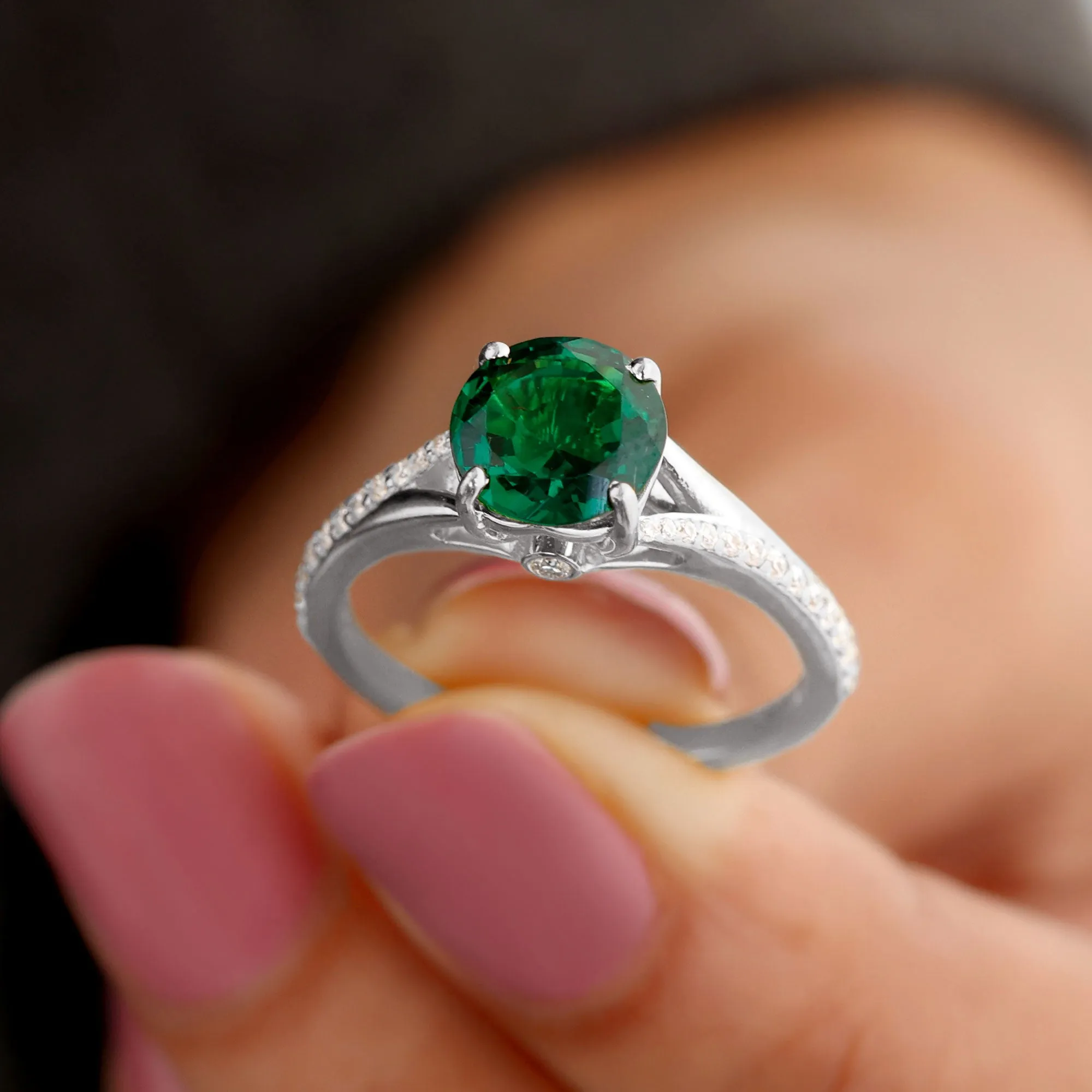 Split Shank Created Emerald Solitaire Ring with Diamond