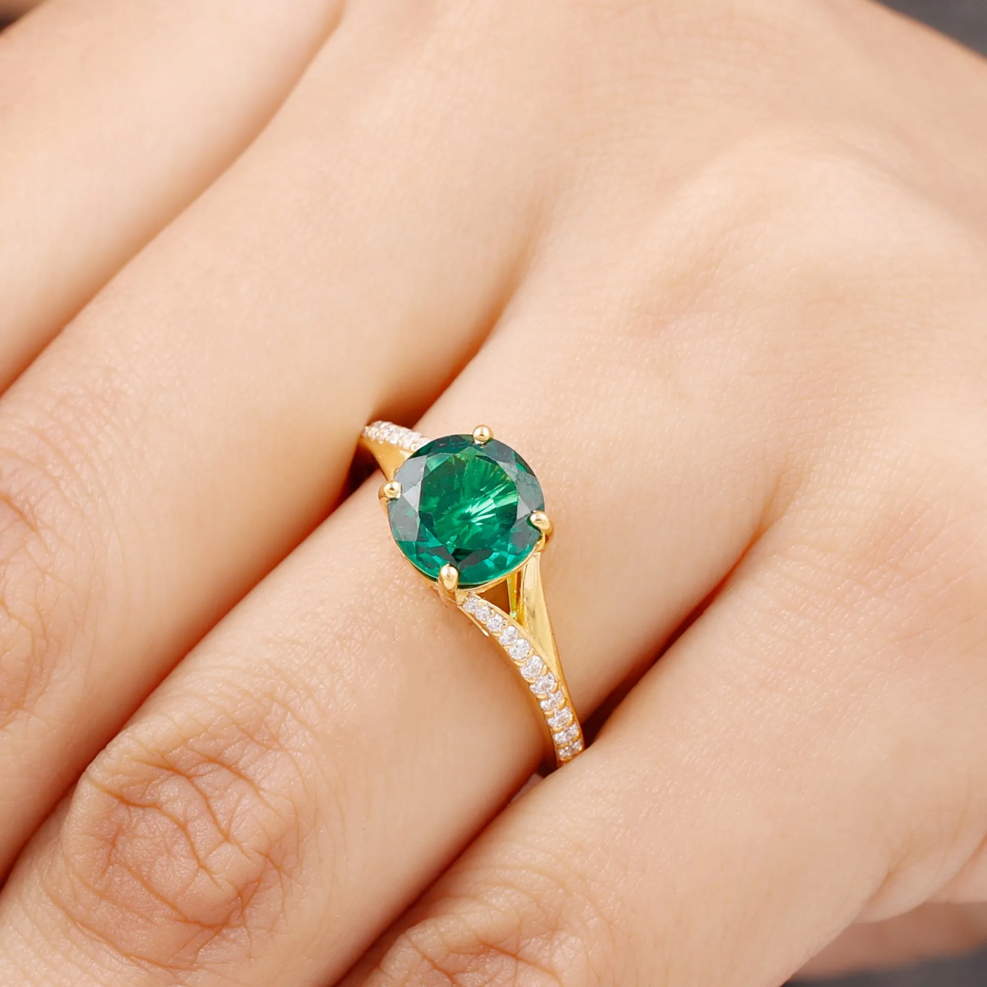 Split Shank Created Emerald Solitaire Ring with Diamond