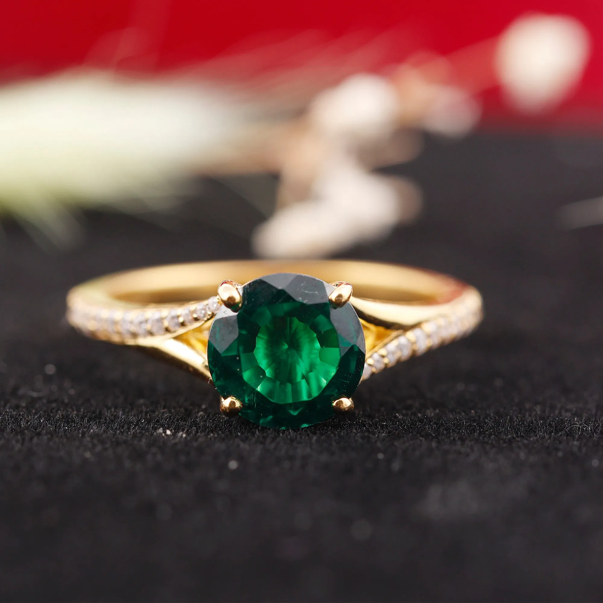 Split Shank Created Emerald Solitaire Ring with Diamond